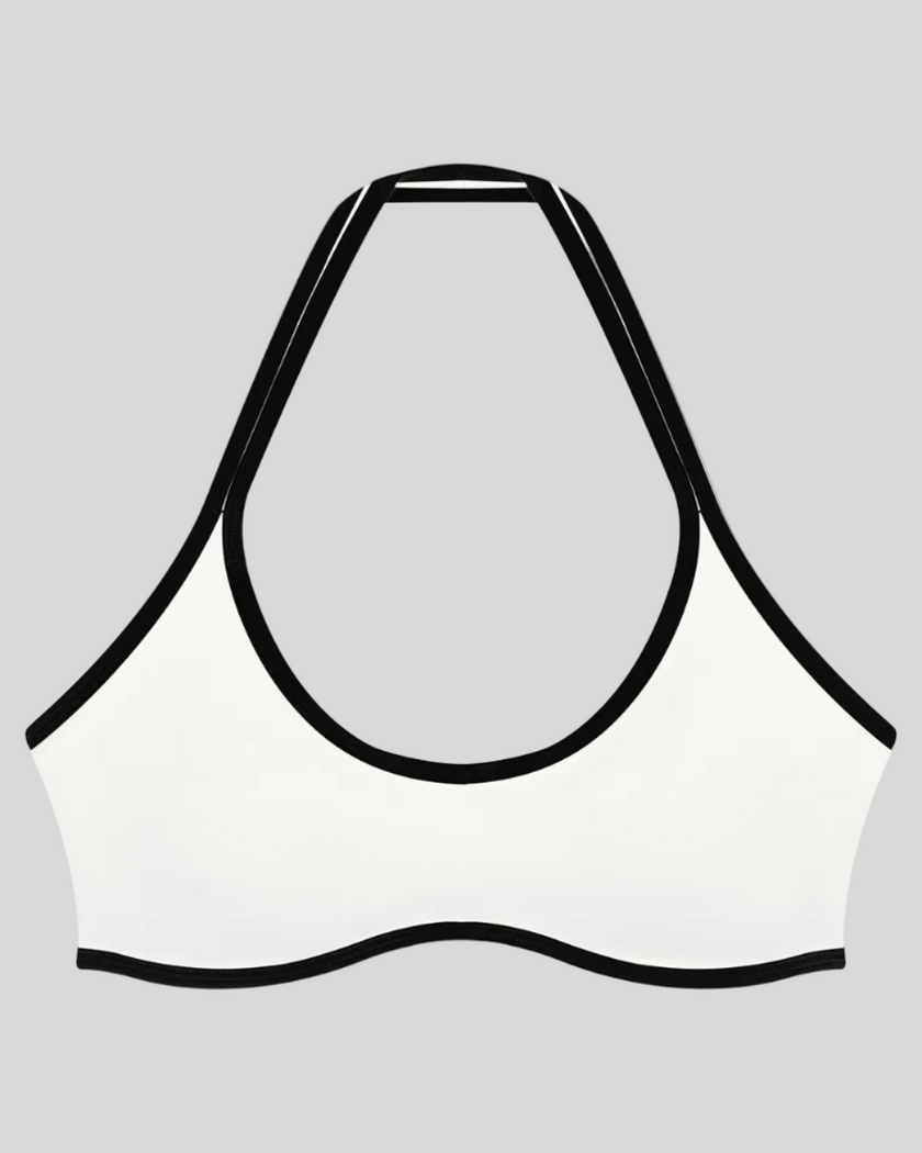 CourtClub Color Block Halter Sports Bra in White front view featuring contrast trim and a flattering halter neckline
