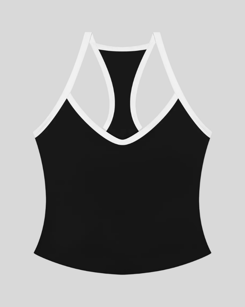 CourtClub Color Block Tank Top in Black front view with contrast trim