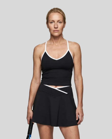 Model wearing the CourtClub Color Block Tank Top in Black, front view