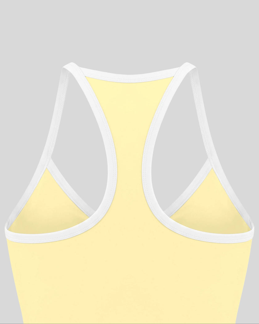 Close-up of the racerback detail and contrast trim on the CourtClub Color Block Tank Top