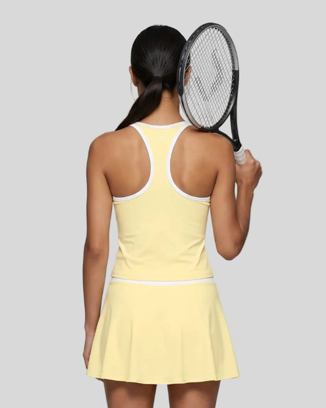 Back view of the CourtClub Color Block Tank Top in Light Yellow highlighting the racerback silhouette