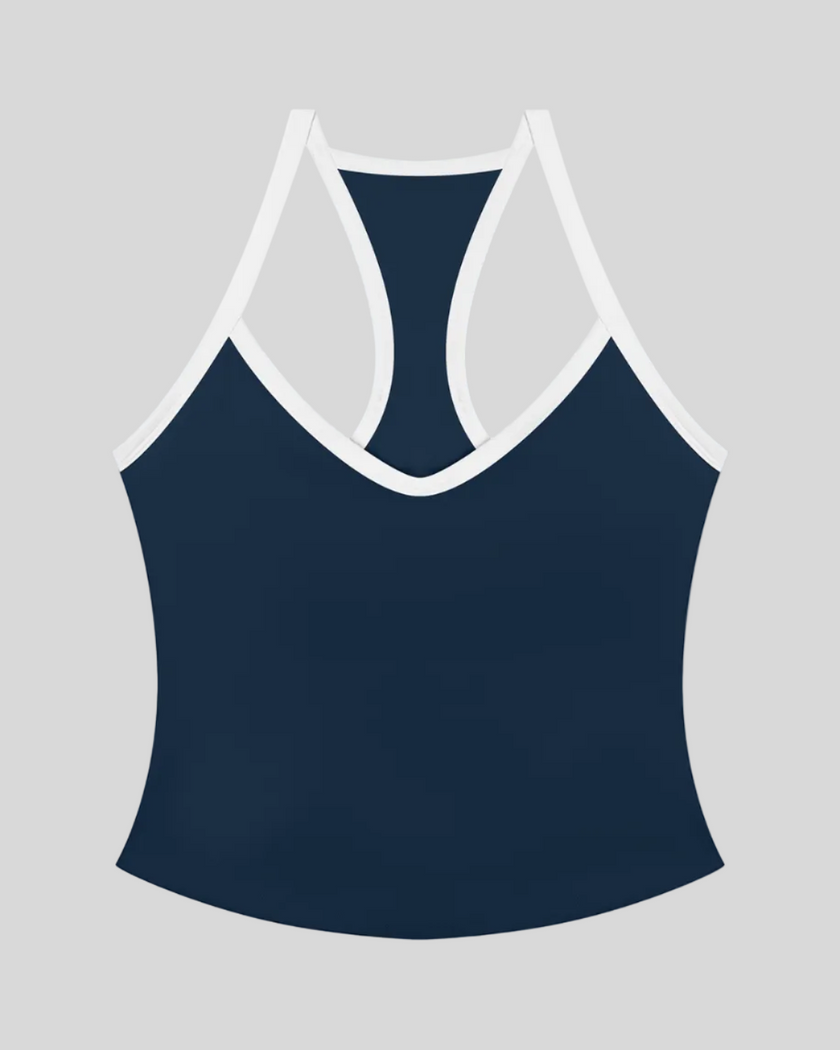CourtClub Color Block Tank Top in Navy Blue front view with contrast trim