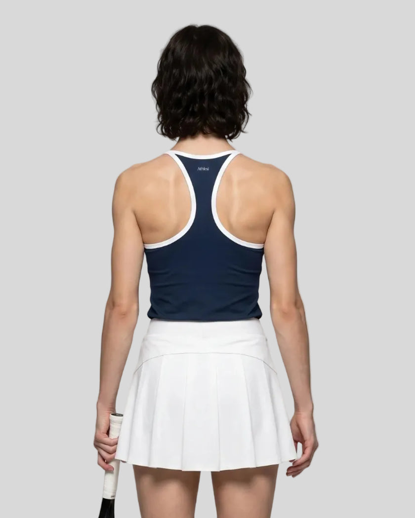 Back view of the CourtClub Color Block Tank Top in Navy Blue highlighting the racerback silhouette