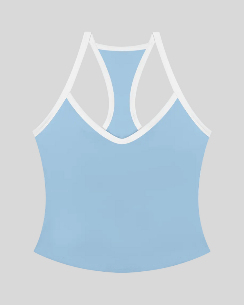 CourtClub Color Block Tank Top in Sky Blue front view with contrast trim