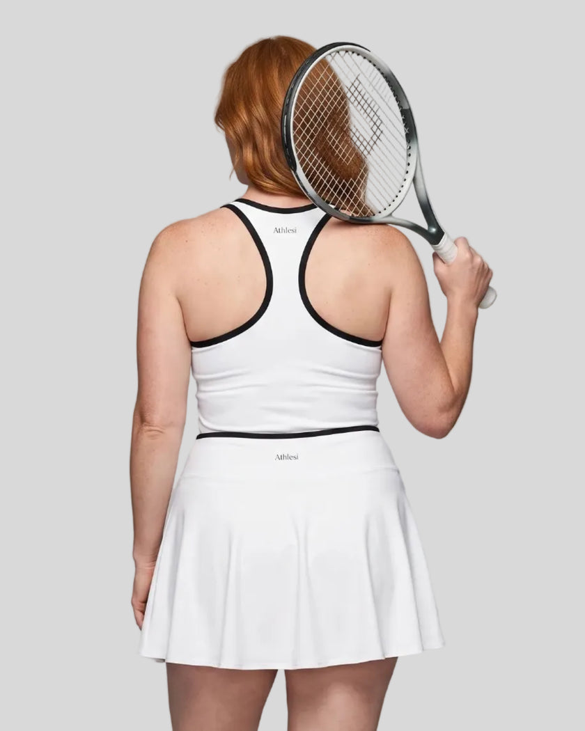 Back view of the CourtClub Color Block Tank Top in White highlighting the racerback silhouette