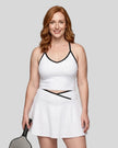 Model wearing the CourtClub Color Block Tank Top in White, front view