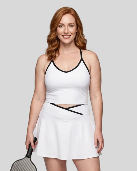 Model wearing the CourtClub Color Block Tank Top in White, front view
