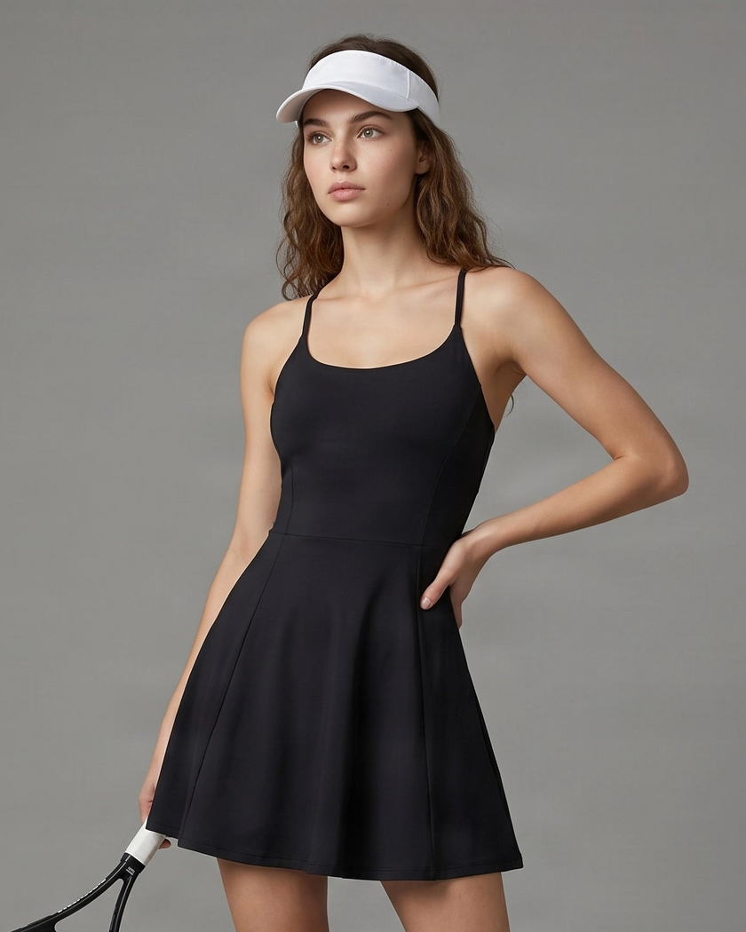 Woman wearing CourtClub Crossback Dress in Black, mid-body front view highlighting the fitted bodice