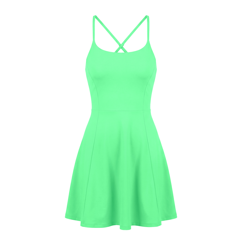 CourtClub Crossback Dress in Green with fitted bodice and flared skirt, front view