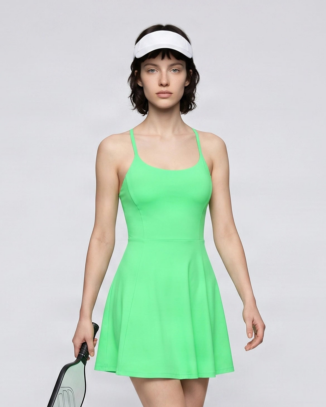 Woman wearing CourtClub Crossback Dress in Green, mid-body front view highlighting the fitted bodice