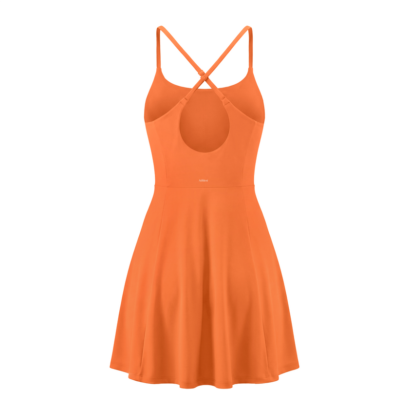 CourtClub Crossback Dress in Orange with crisscross straps and open keyhole back, back view