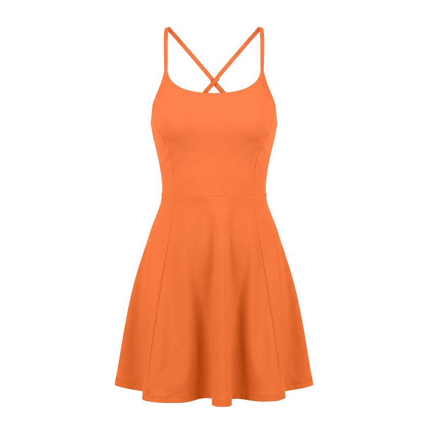 CourtClub Crossback Dress in Orange with fitted bodice and flared skirt, front view