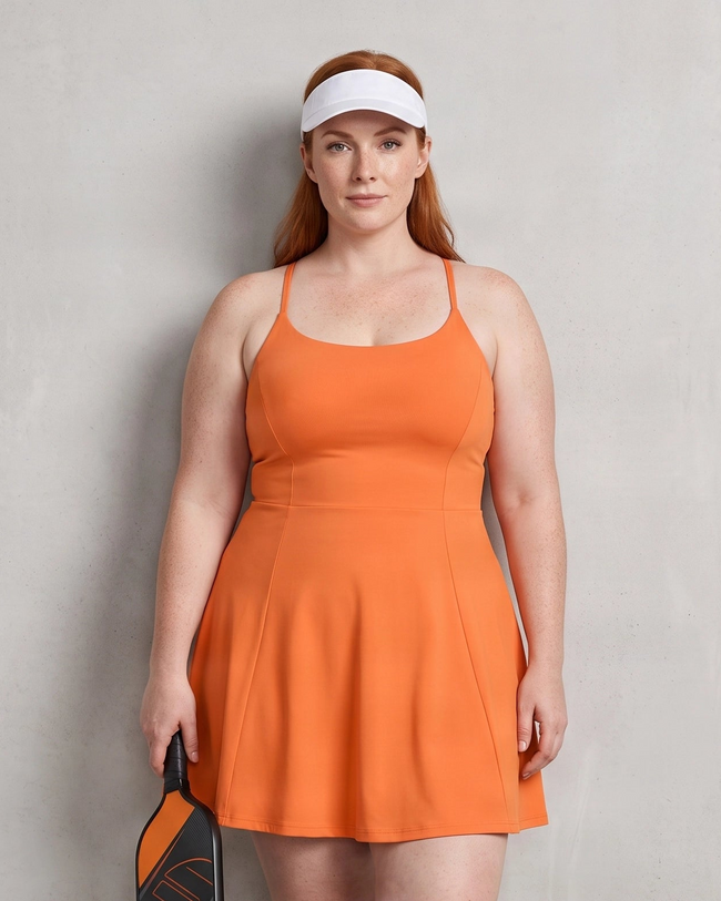 Woman wearing CourtClub Crossback Dress in Orange, mid-body front view highlighting the fitted bodice