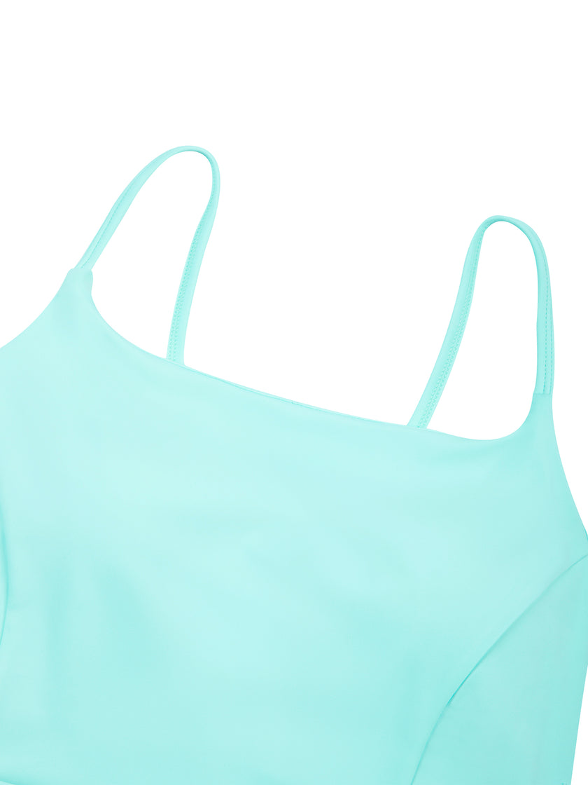 Close-up of scoop neckline on CourtClub Crossback Dress in Sky Blue