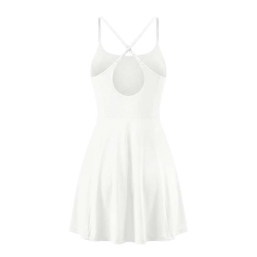 CourtClub Crossback Dress in White with crisscross straps and open keyhole back, back view