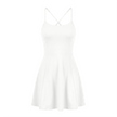 CourtClub Crossback Dress in White with fitted bodice and flared skirt, front view