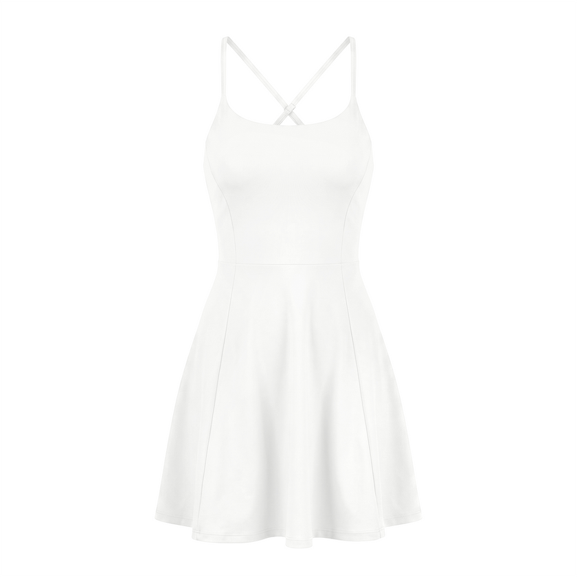 CourtClub Crossback Dress in White with fitted bodice and flared skirt, front view