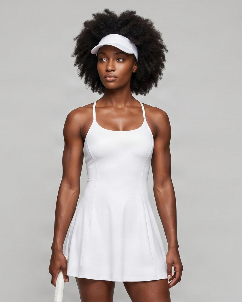 Woman wearing CourtClub Crossback Dress in White, mid-body front view highlighting the fitted bodice