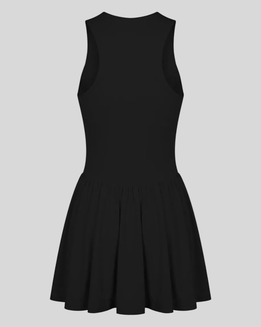 Athlesi CourtClub Full-Zip Dress in Black, 3D back view showing sleeveless silhouette and gathered flared skirt.