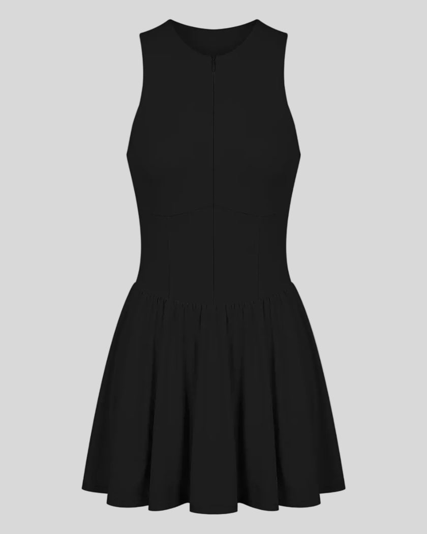Athlesi CourtClub Full-Zip Dress in Black, 3D front view with sleeveless fitted bodice and flared skirt.