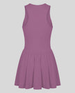 Athlesi CourtClub Full-Zip Dress in Deep Purple, 3D back view showing sleeveless silhouette and gathered flared skirt.