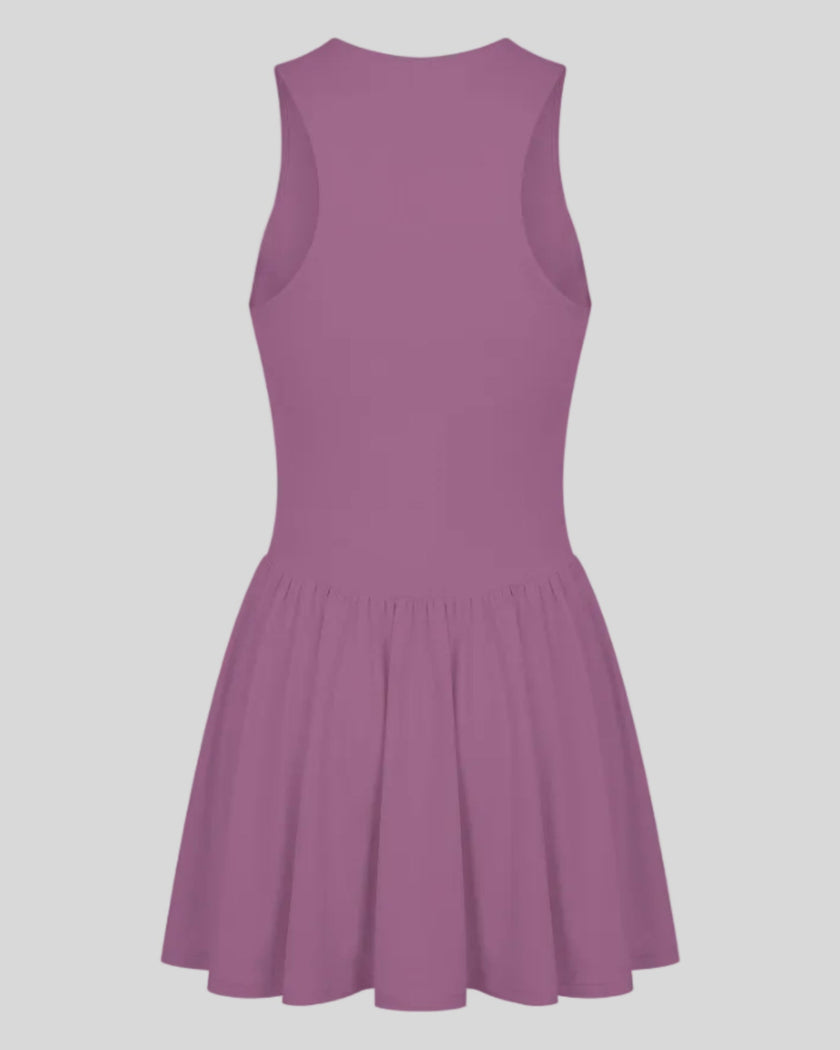 Athlesi CourtClub Full-Zip Dress in Deep Purple, 3D back view showing sleeveless silhouette and gathered flared skirt.
