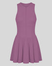 Athlesi CourtClub Full-Zip Dress in Deep Purple, 3D front view with sleeveless fitted bodice and flared skirt.