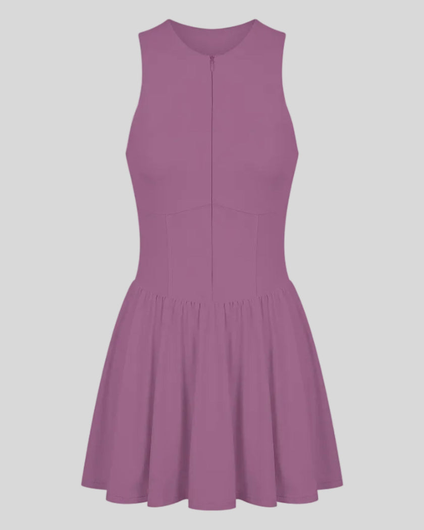 Athlesi CourtClub Full-Zip Dress in Deep Purple, 3D front view with sleeveless fitted bodice and flared skirt.