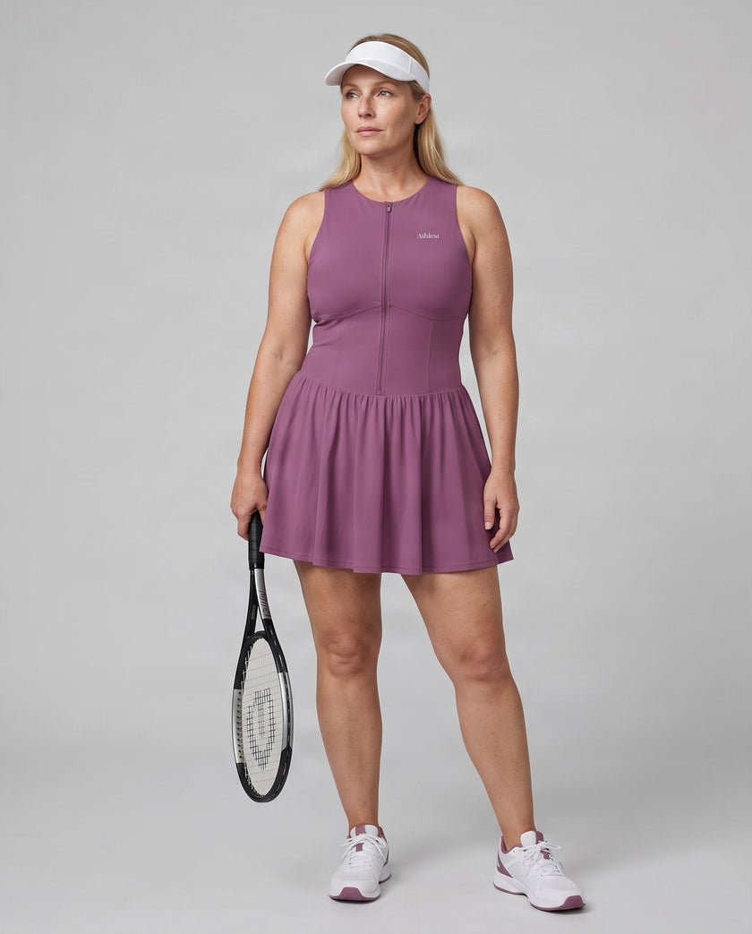 Woman wearing the Athlesi CourtClub Full-Zip Dress in Deep Purple, full-body front view styled for court and club.