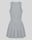 Athlesi CourtClub Full-Zip Dress in Gray, 3D back view showing sleeveless silhouette and gathered flared skirt.