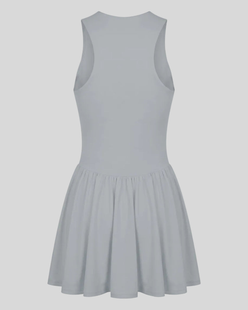 Athlesi CourtClub Full-Zip Dress in Gray, 3D back view showing sleeveless silhouette and gathered flared skirt.
