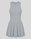 Athlesi CourtClub Full-Zip Dress in Gray, 3D front view with sleeveless fitted bodice and flared skirt.