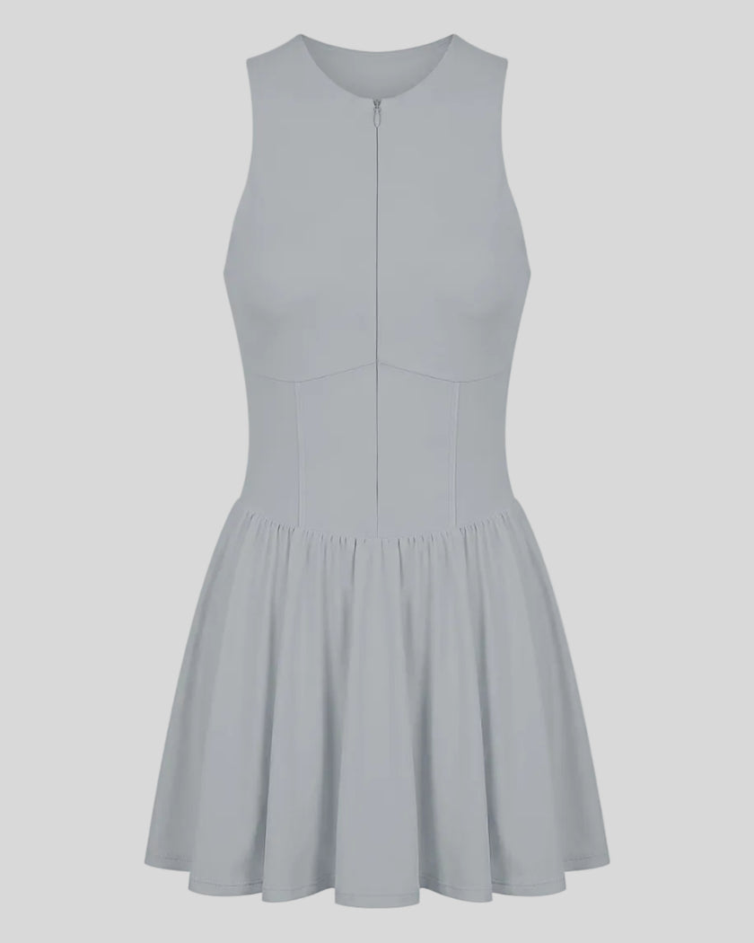 Athlesi CourtClub Full-Zip Dress in Gray, 3D front view with sleeveless fitted bodice and flared skirt.
