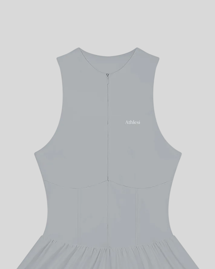 A gray CourtClub Full-Zip Dress with a small white 'Athlesi' logo on the upper left chest