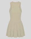 Athlesi CourtClub Full-Zip Dress in Khaki, 3D back view showing sleeveless silhouette and gathered flared skirt.