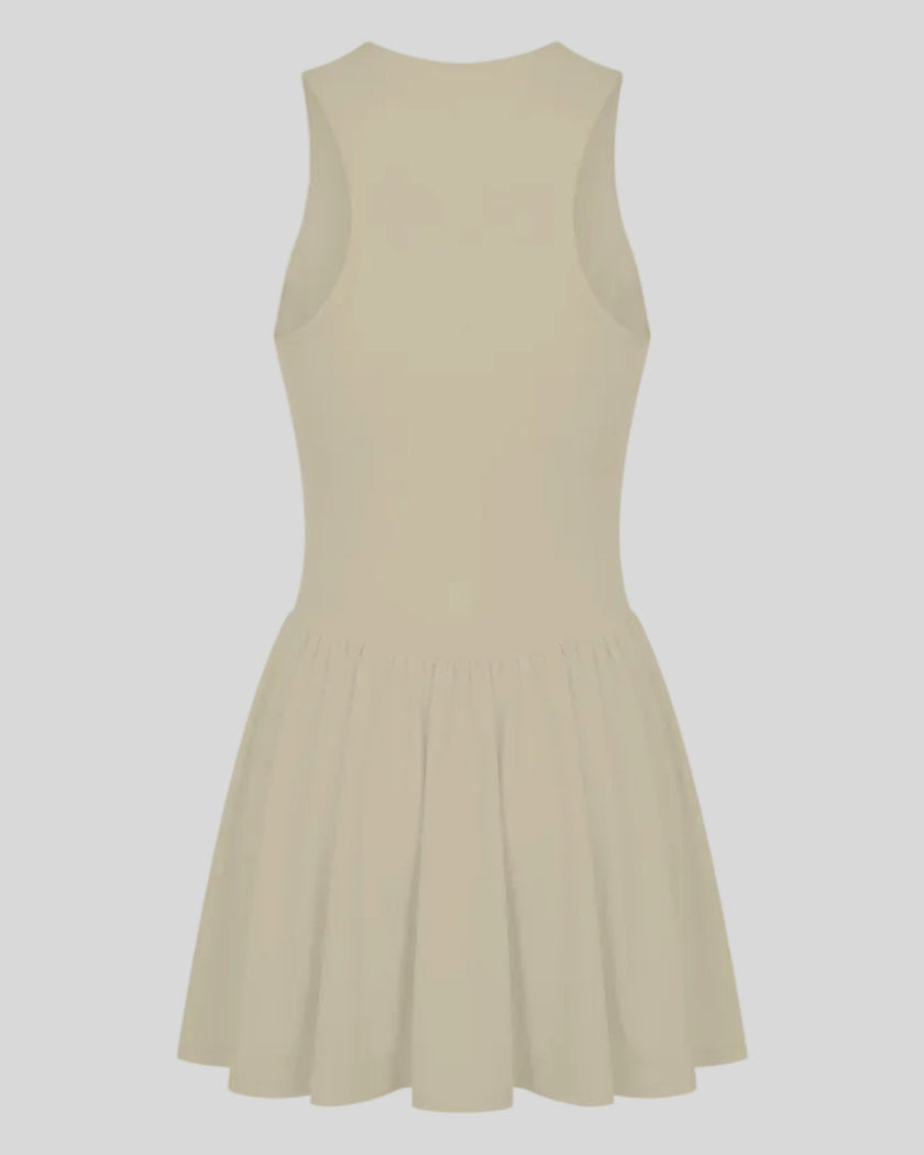 Athlesi CourtClub Full-Zip Dress in Khaki, 3D back view showing sleeveless silhouette and gathered flared skirt.