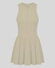 Athlesi CourtClub Full-Zip Dress in Khaki, 3D front view with sleeveless fitted bodice and flared skirt.