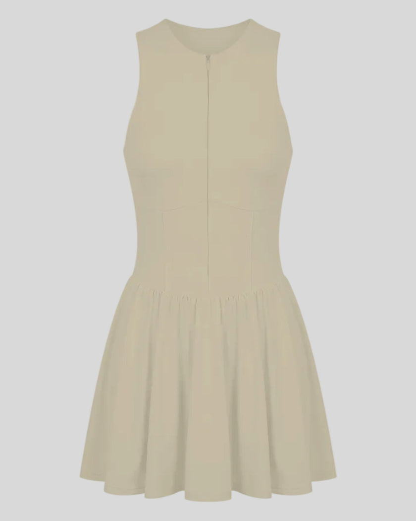 Athlesi CourtClub Full-Zip Dress in Khaki, 3D front view with sleeveless fitted bodice and flared skirt.