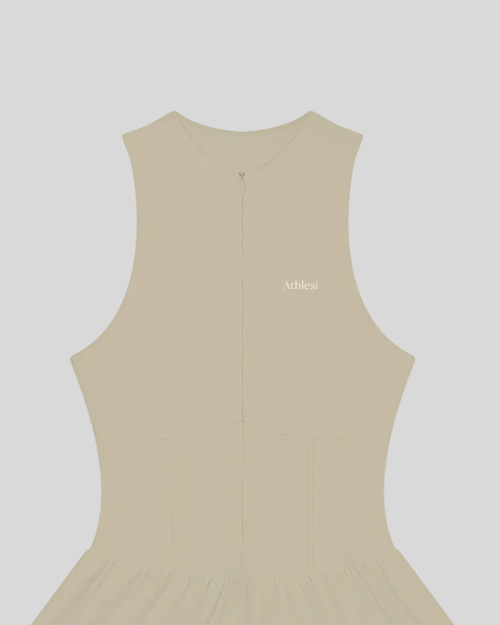 A khaki CourtClub Full-Zip Dress with a small white 'Athlesi' logo on the upper left chest