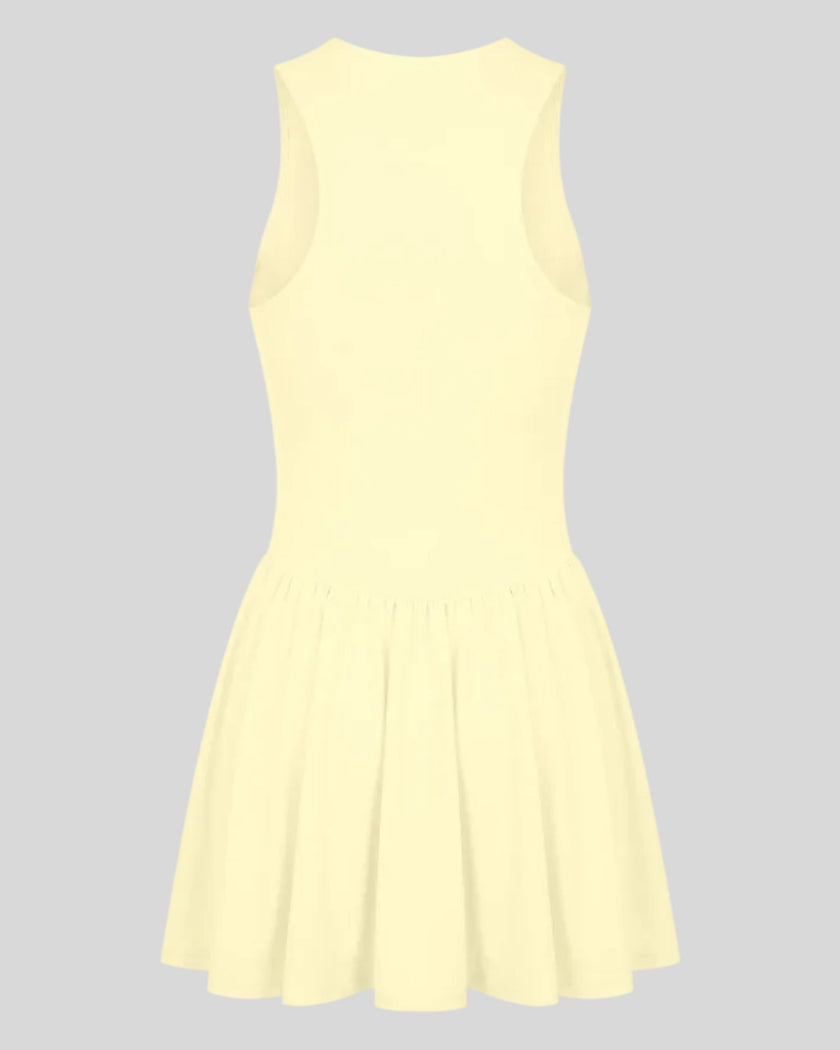 Athlesi CourtClub Full-Zip Dress in Light Yellow, 3D back view showing sleeveless silhouette and gathered flared skirt.