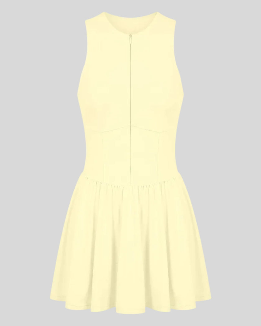 Athlesi CourtClub Full-Zip Dress in Light Yellow, 3D front view with sleeveless fitted bodice and flared skirt.