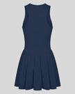Athlesi CourtClub Full-Zip Dress in Navy Blue, 3D back view showing sleeveless silhouette and gathered flared skirt.