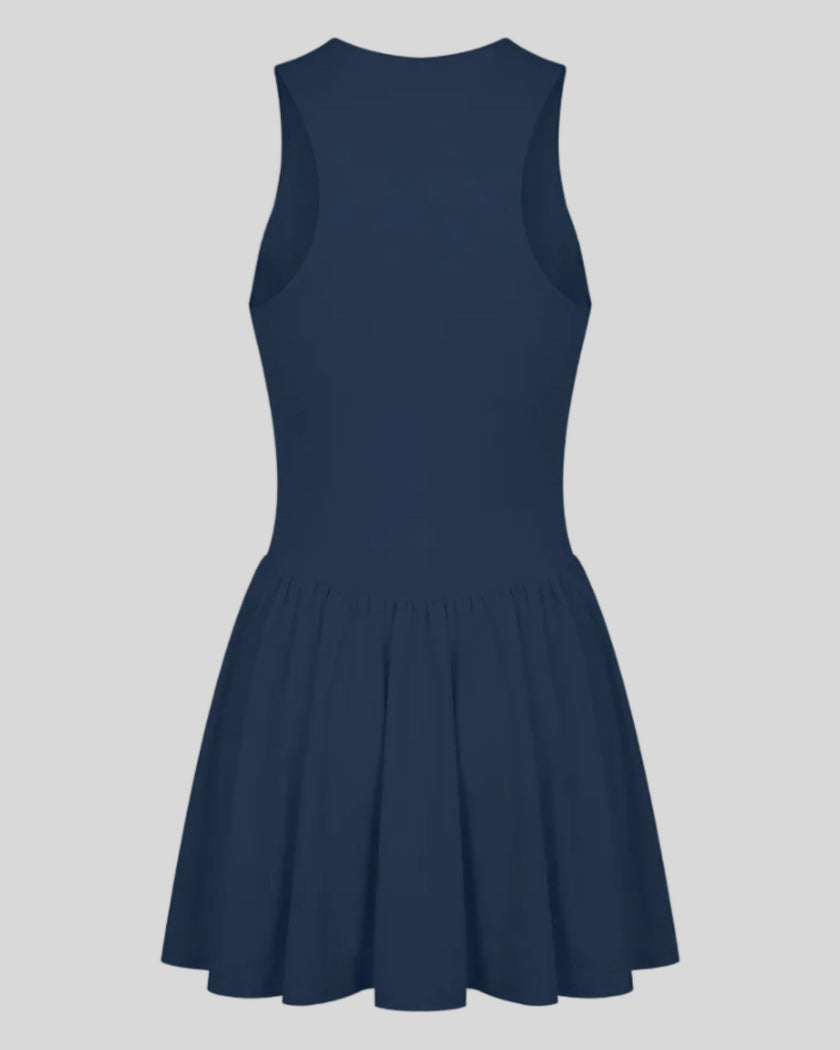 Athlesi CourtClub Full-Zip Dress in Navy Blue, 3D back view showing sleeveless silhouette and gathered flared skirt.