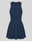 Athlesi CourtClub Full-Zip Dress in Navy Blue, 3D front view with sleeveless fitted bodice and flared skirt.