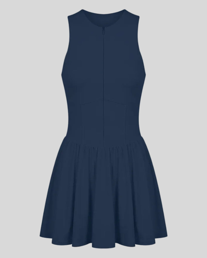 Athlesi CourtClub Full-Zip Dress in Navy Blue, 3D front view with sleeveless fitted bodice and flared skirt.