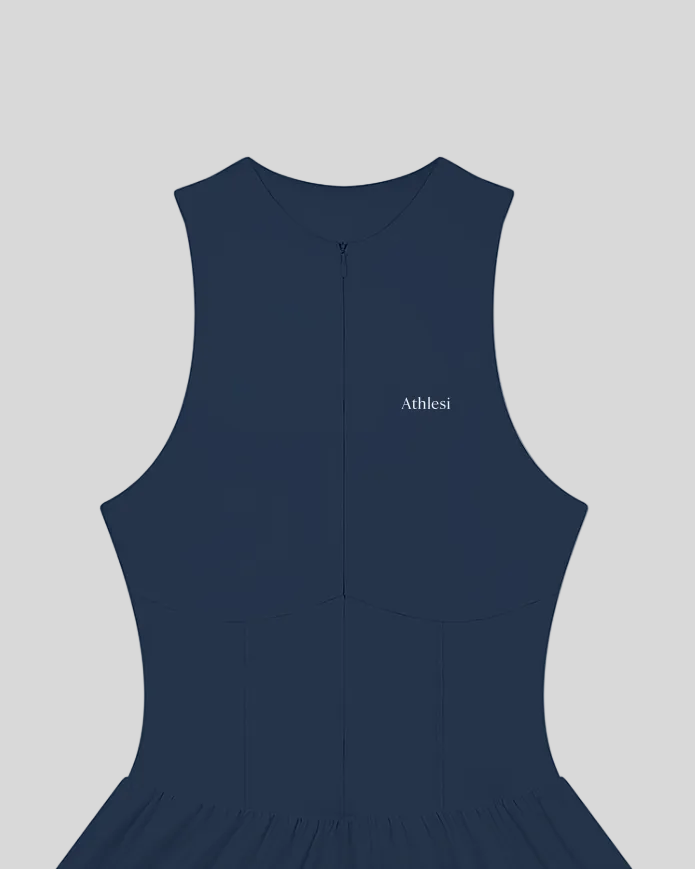 A navy blue CourtClub Full-Zip Dress with a small white 'Athlesi' logo on the upper left chest