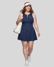 Woman wearing the Athlesi CourtClub Full-Zip Dress in Navy Blue, full-body front view styled for court and club.