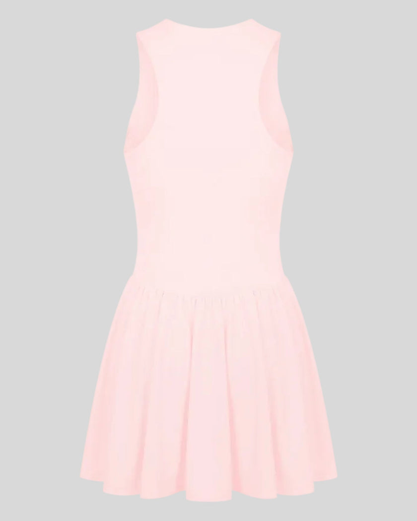 Athlesi CourtClub Full-Zip Dress in Pink, 3D back view showing sleeveless silhouette and gathered flared skirt.
