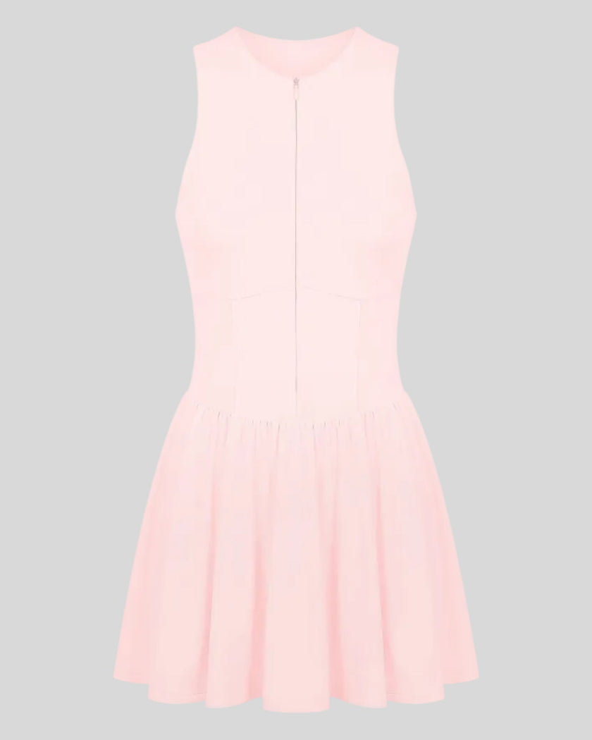 Athlesi CourtClub Full-Zip Dress in Pink, 3D front view with sleeveless fitted bodice and flared skirt.