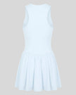 Athlesi CourtClub Full-Zip Dress in Water Blue, 3D back view showing sleeveless silhouette and gathered flared skirt.